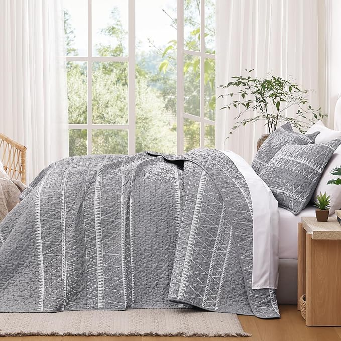 Andency California King Quilt Set Grey, 3 Pieces Boho Lightweight Soft Striped - Image 7