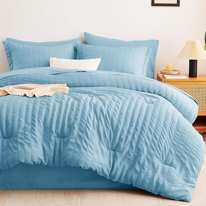 CozyLux Queen Comforter Set Sky Blue Seersucker 7 Pieces Bed in a Bag Queen - Image 9