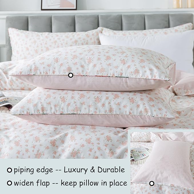 FADFAY Queen Duvet Cover Set Pink Floral Comforter Cover 100% Cotton Girls Pink - Image 4