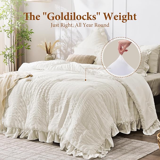 JOLLYVOGUE Ivory Queen Comforter Set, 3 Pieces Seersucker Comforters Queen Size - Image 3