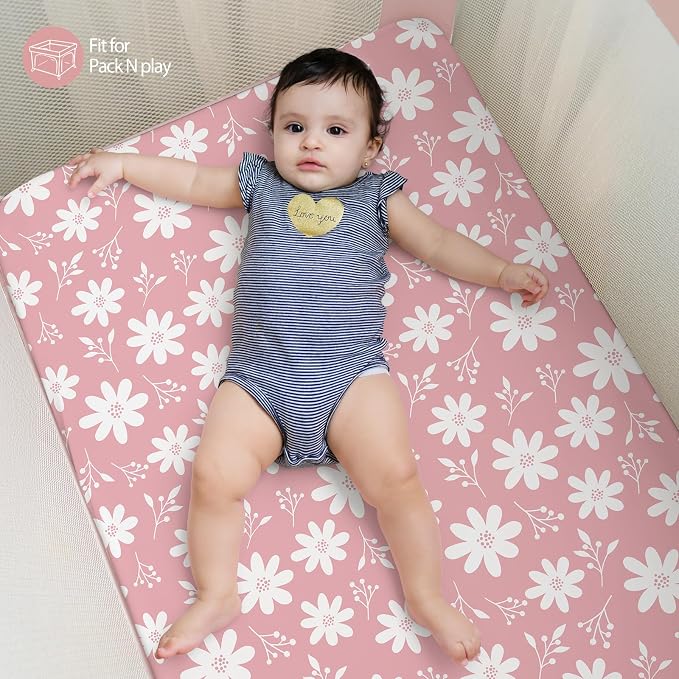 Baby Mini Crib Sheets Girl, Portable 38”x26” Pack and Play Sheets Fitted - Image 6