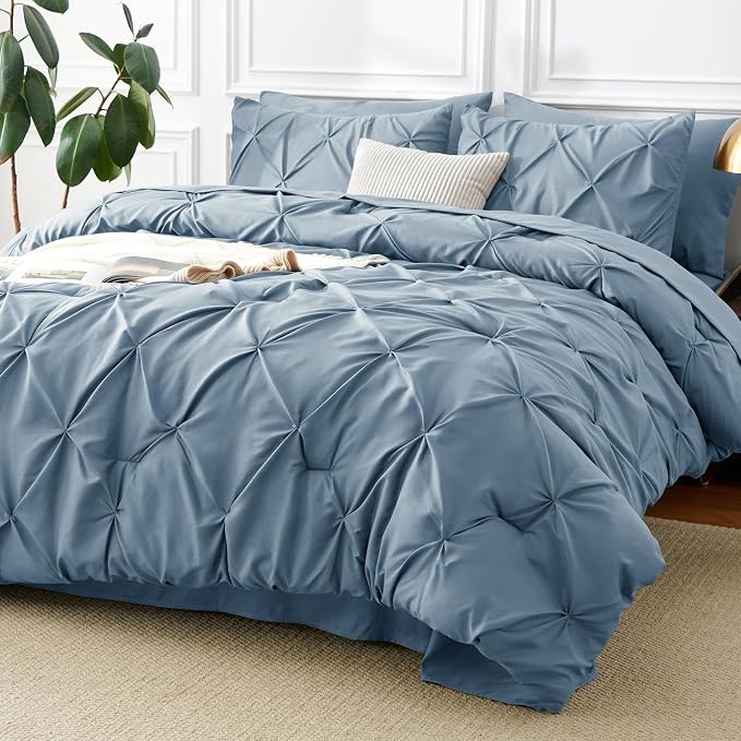 CozyLux California King Comforter Set Mineral Blue, 7 Pieces Cal King Pintuck by CozyLux
