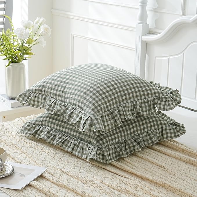 2 Pack Sage Green White Plaid Ruffle Euro Shams Pillow Covers 26x26 inches - Image 4