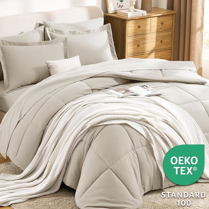 CozyLux Oversized Queen Comforter Sets Beige, 7 Pieces Bed in a Bag, 98x98 Box - Image 3