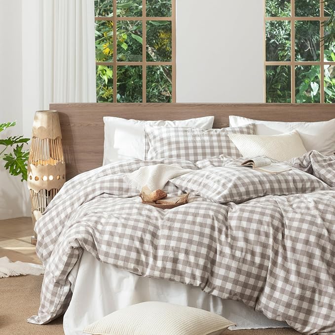 MooMee Gingham Duvet Cover Set 100% Washed Cotton Linen Like Textured - Image 3