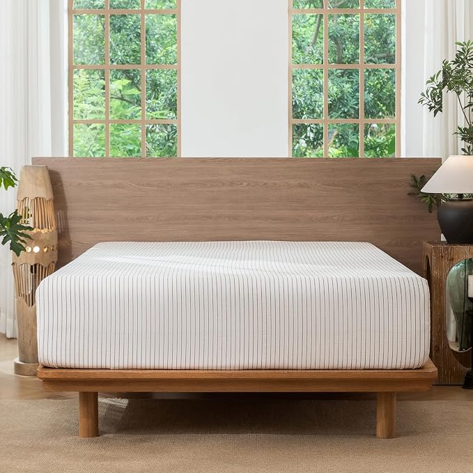 MooMee Stripes Fitted Bottom Sheet Only 100% Washed Cotton Linen Like Textured - Image 6