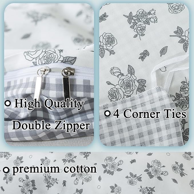 FADFAY Twin Size Duvet Cover Set 100% Cotton Grey White Floral Comforter Cover - Image 3
