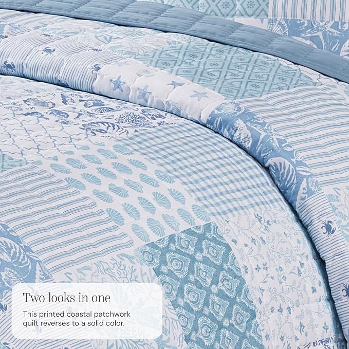 BLOOMHAVEN Quilt Set King Size, Patchwork Sea Blue Floral Quilt Sets, - Image 3
