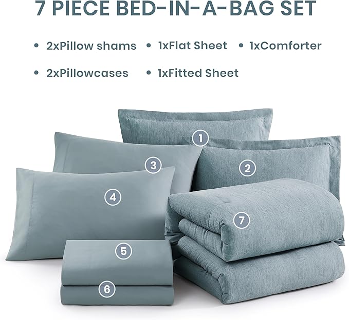 Monbix Full Size Comforter Set-7 Pieces Dusty Blue Cationic Dyeing Bed in a Bag - Image 7