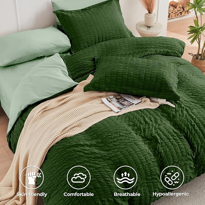 HYMOKEGE Dark Green/Sage Green California King Comforter Set Seersucker 7 Pieces - Image 3