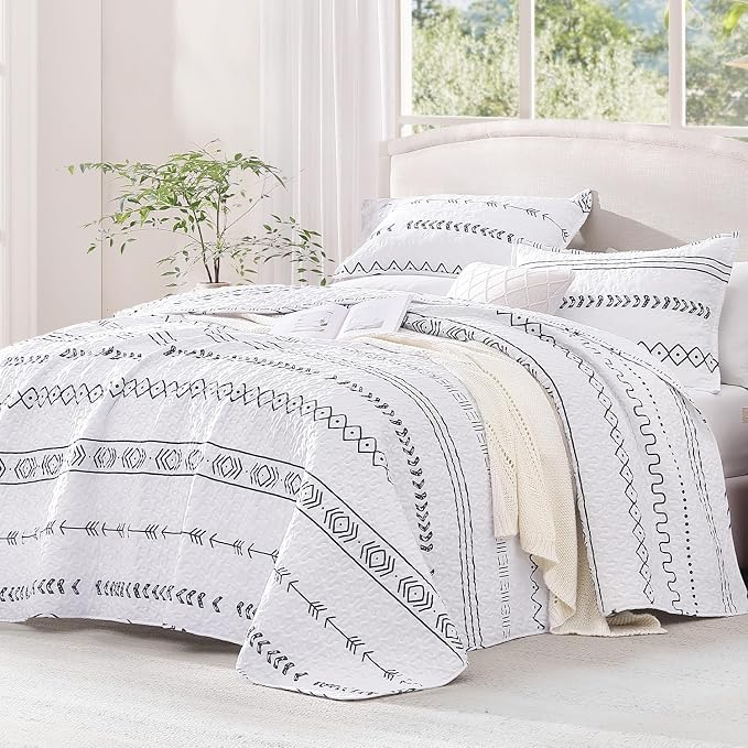 Andency White Quilts Queen Size, 3 Pieces Queen Quilt Bedding Set Boho - Image 2