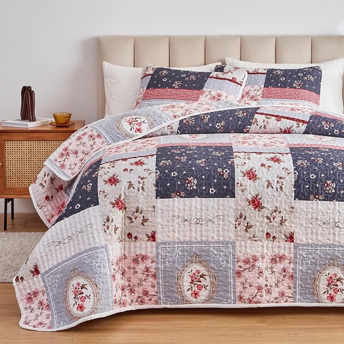 Patchwork Quilt Set King Size, 3 Pieces Pink Purple Floral Plaid Summer - Image 3