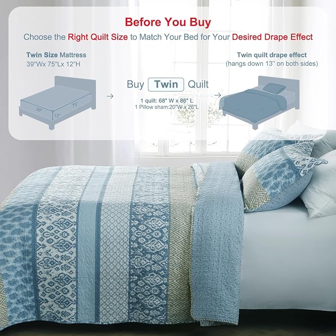 GOONE Twin Quilt Set 68"x86", Lightweight Washed Coverlet, Reversible Spring & - Image 7