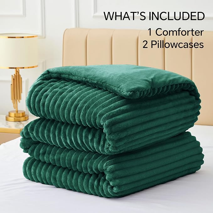 BEDELITE Fleece Queen Comforter Set -Super Soft & Warm Fluffy Dark Green Bedding - Image 6