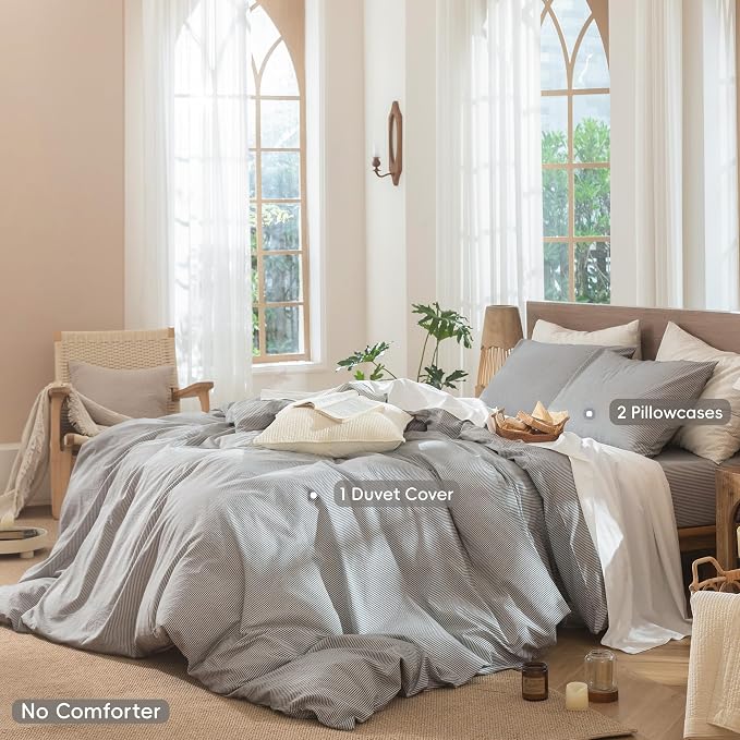 MooMee Striped Duvet Cover Set 100% Washed Cotton Linen Like Textured - Image 2