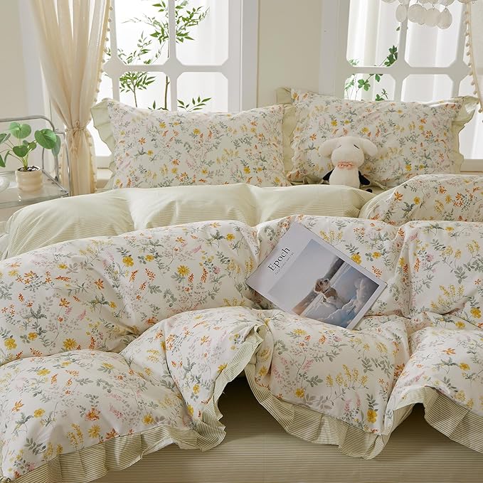 mixinni 100% Cotton Duvet Cover Set Twin, Reversible Spring Floral Ruffle Green - Image 3