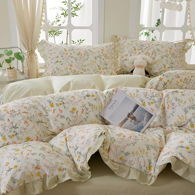 mixinni 100% Cotton Duvet Cover Set Queen, Reversible Spring Floral Ruffle - Image 3