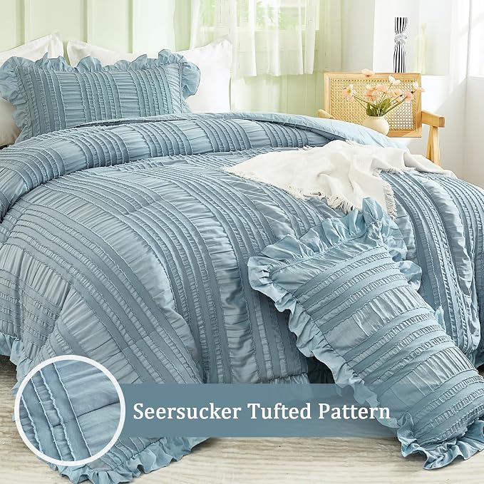 WONGS BEDDING Blue Comforter Set Queen, 3 Pieces Ruffle Farmhouse Shabby Chic - Image 2