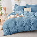HYMOKEGE Mineral Blue Duvet Cover Queen Size, Ultra Soft 3-Piece Seersucker by HYMOKEGE