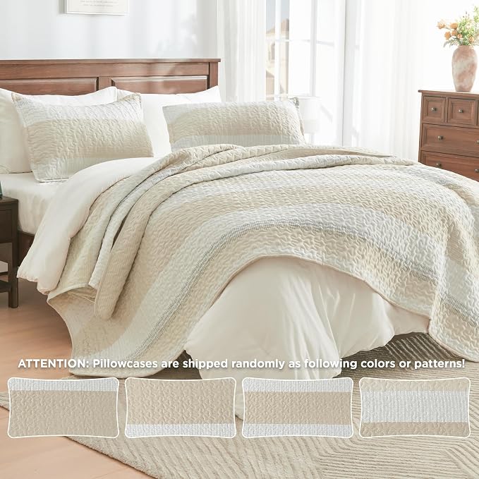 Andency California King Size Quilt Set Beige, 3 Pieces Beige Ultra Soft - Image 4