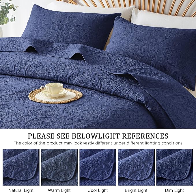 WURUIBO Navy Blue Quilt Set Twin Size, Embossing Microfiber Bedspreads - Image 6