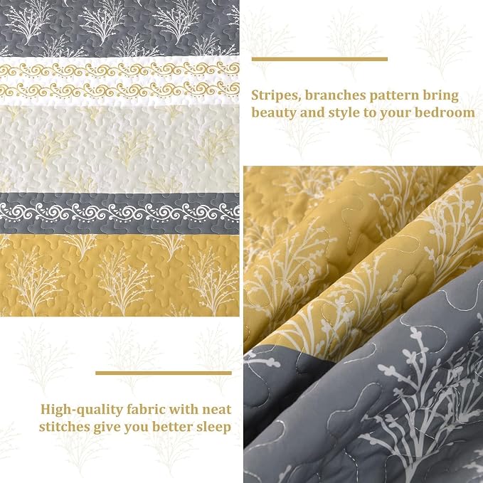 DJY Yellow Boho Quilt Set King Size, Striped Floral Yellow and Grey Bedspread - Image 5
