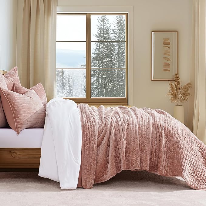 EVERGRACE Velvet Quilt Set King Size, Luxurious Soft Striped Channel Bedding Set - Image 2