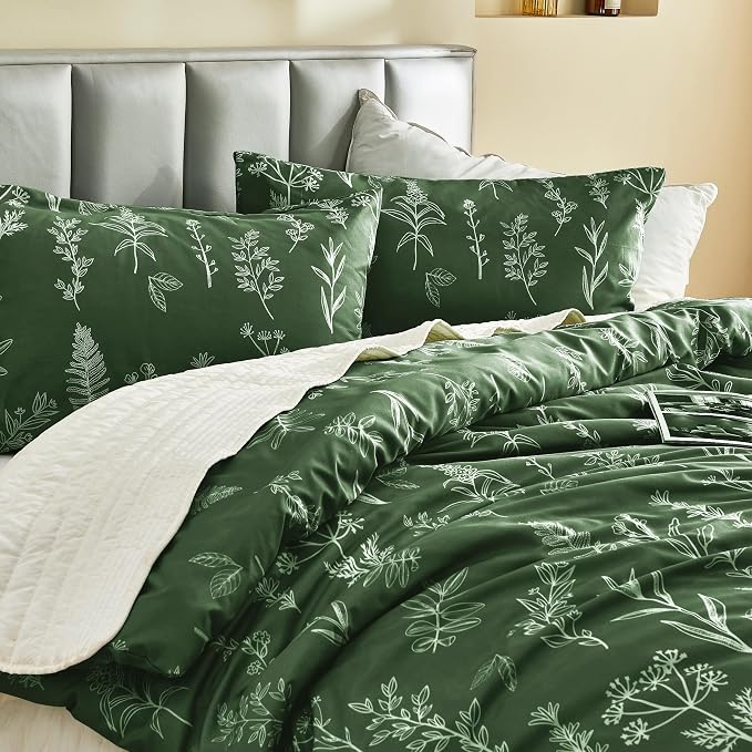 MUXHOMO Duvet Cover Queen Size, Reversible Floral Dark Green Duvet Cover Set - Image 6