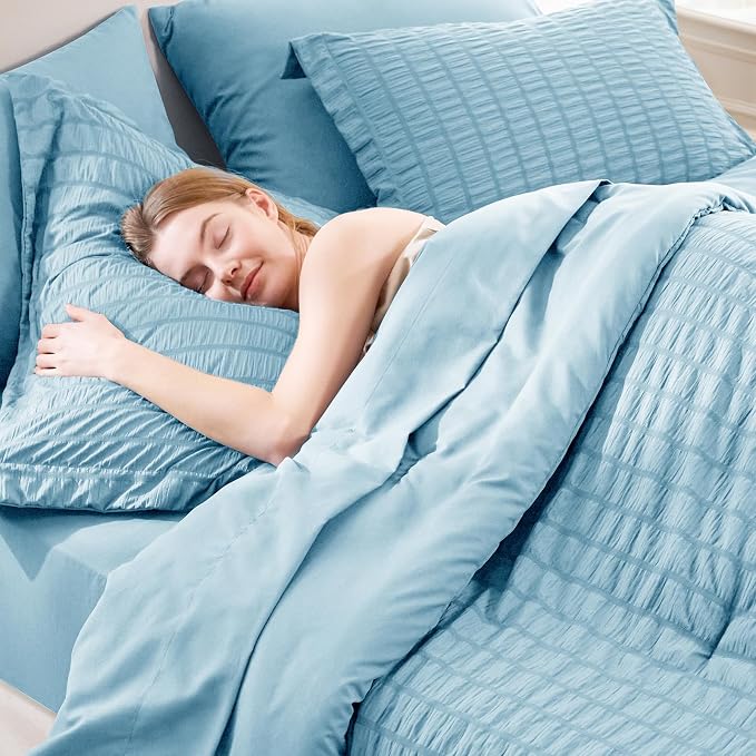 CozyLux Queen Comforter Set Sky Blue Seersucker 7 Pieces Bed in a Bag Queen - Image 5