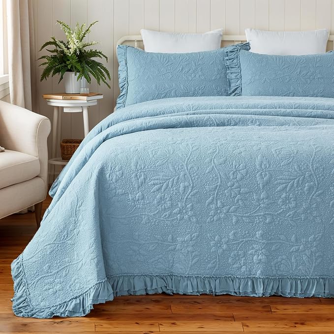 Brandream Luxury 100% Cotton Quilt Set Queen Size Blue Floral Vine Matelasse by Brandream