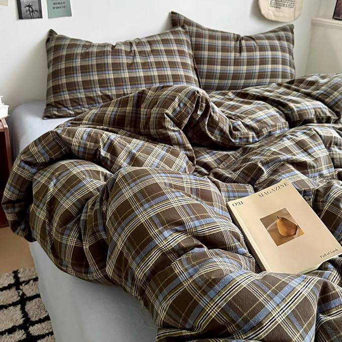 PinkMemory Brown Blue Gingham Buffalo Plaid Duvet Cover King 100% Washed Cotton - Image 5