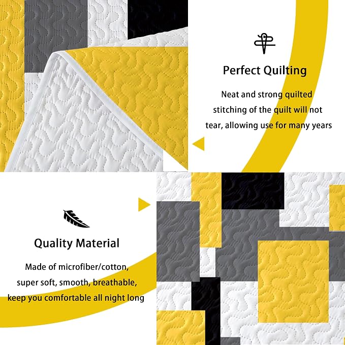 Tyrot 2 Piece Yellow Grey Quilt Set Twin Size Yellow Gray White Geometric - Image 4