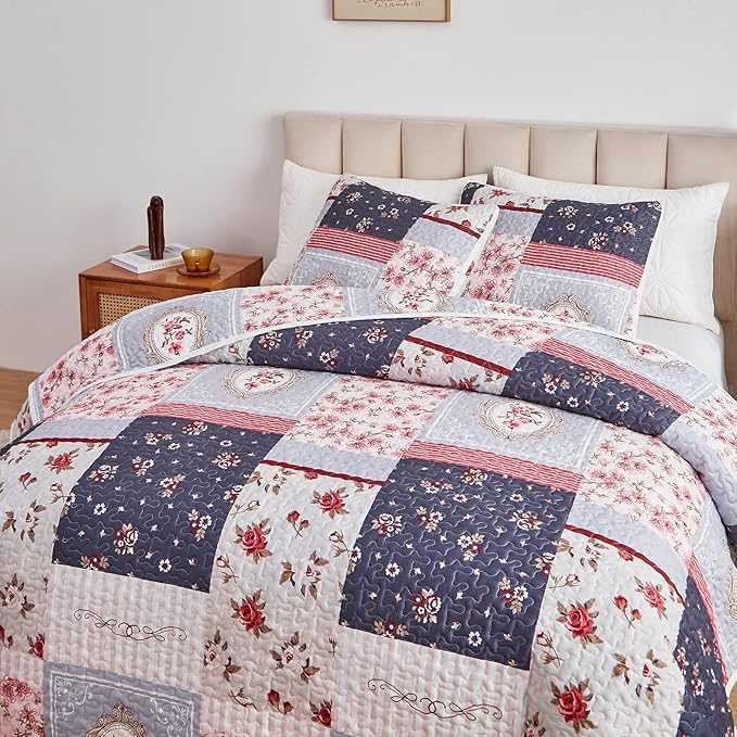 Patchwork Quilt Set King Size, 3 Pieces Pink Purple Floral Plaid Summer - Image 4