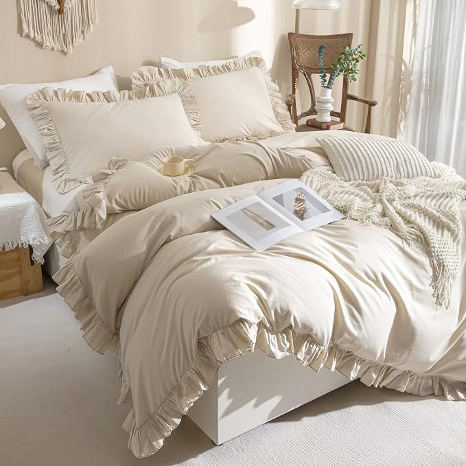 QSH Washed Cotton Duvet Cover King Ruffle Duvet Cover Linen Feel Textured - Image 2