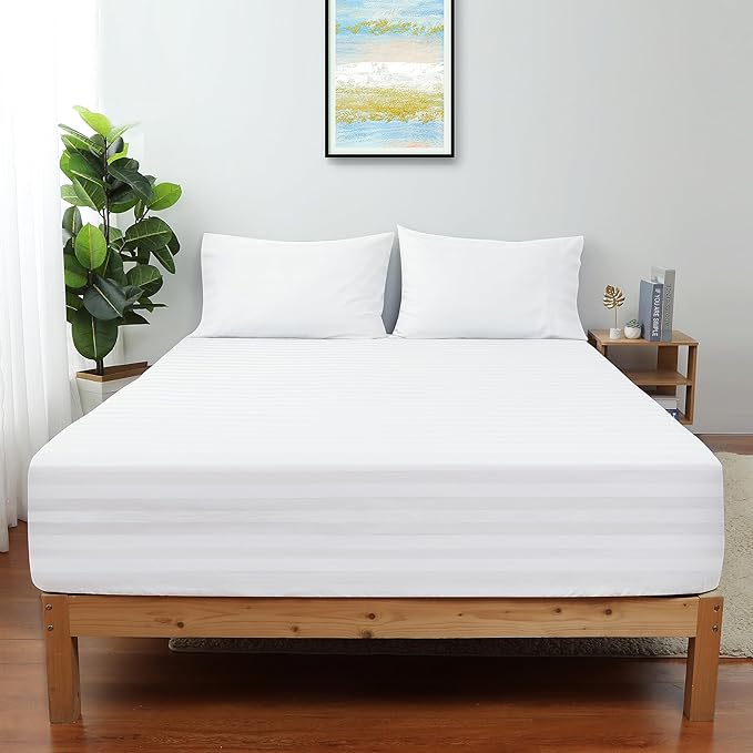 Queen Size Striped Fitted Sheet Only White Color, 100% Egyptian Cotton 600 by ShunjieHome
