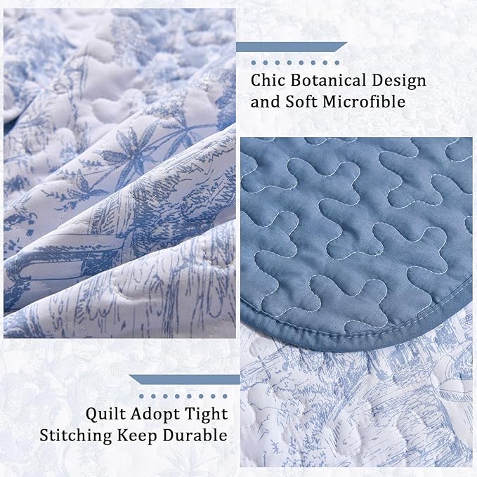 WONGS BEDDING Blue Quilt Set Full Size, 3 Pieces Botanical Bedspreads Set - Image 5