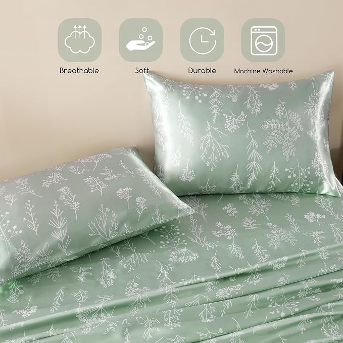 MR&HM Satin Bed Sheets with Elastic Corner Straps, Queen Size Sheets Set - Image 6