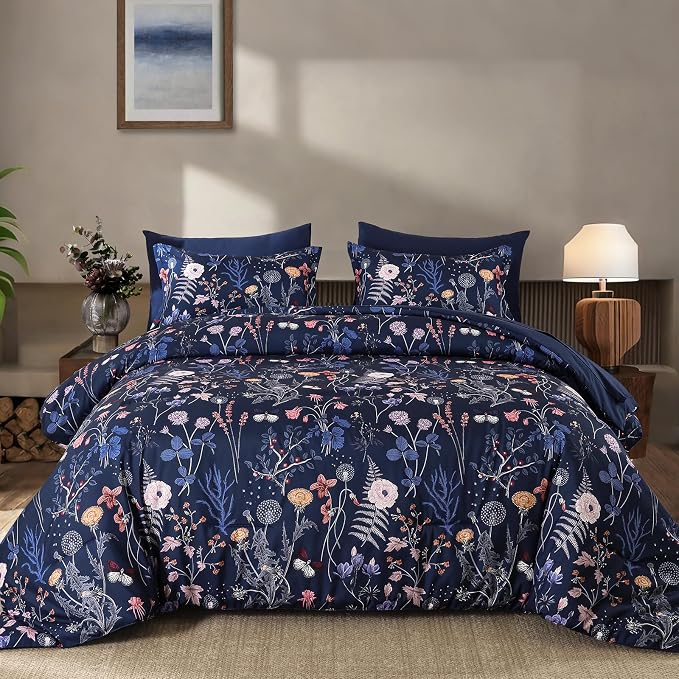 Yiran Queen Comforter Set, 7 Pieces Navy Blue Floral Soft Bedding Sets - Image 9