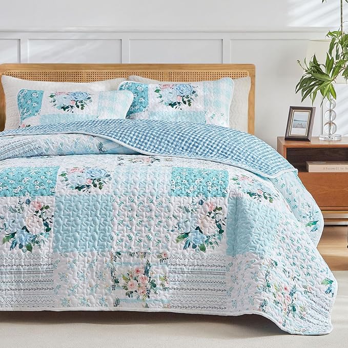 Joyreap 3 Pieces Floral Patchwork Quilt Set Queen, Soft n Cozy Microfiber Quilt - Image 3