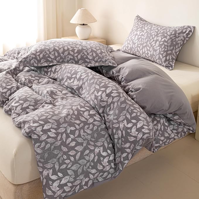 OAITE Grey Fallen Leaves King Size Duvet Cover-3 Pieces Prewashed Cotton-Like - Image 5