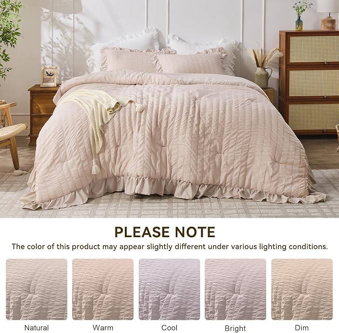 JOLLYVOGUE Beige King Comforter Set, 3 Pieces Seersucker Comforters King Size - Image 8