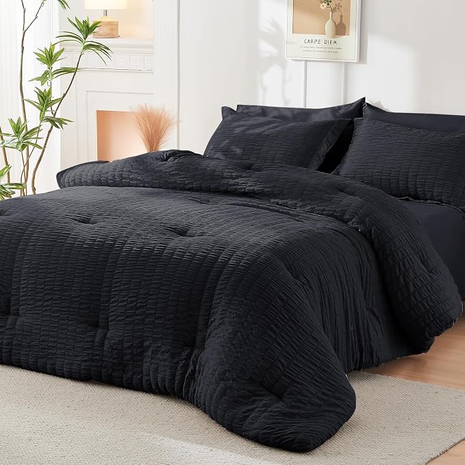 HYMOKEGE Black Twin Comforter Set Seersucker 5 Pieces, All Season Luxury Bed in - Image 8