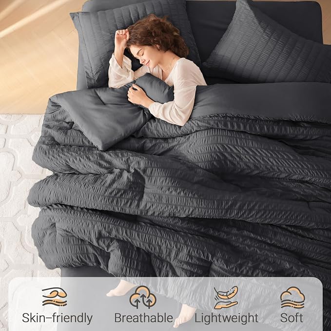 MUXHOMO 5 Pieces Twin XL Comforter Set, Seersucker Bed in a Bag Twin XL Size - Image 2