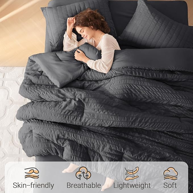 MUXHOMO 7 Pieces Queen Comforter Set, Seersucker Bed in a Bag Queen Size - Image 2