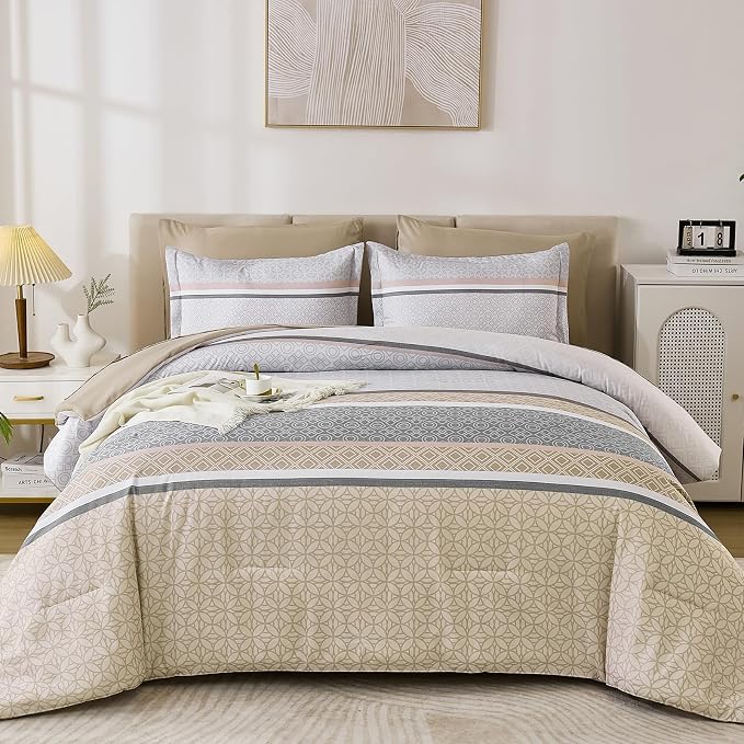 WONGS BEDDING Beige Comforter Set Queen Size, 7 Pieces Striped Bed in a Bag - Image 2