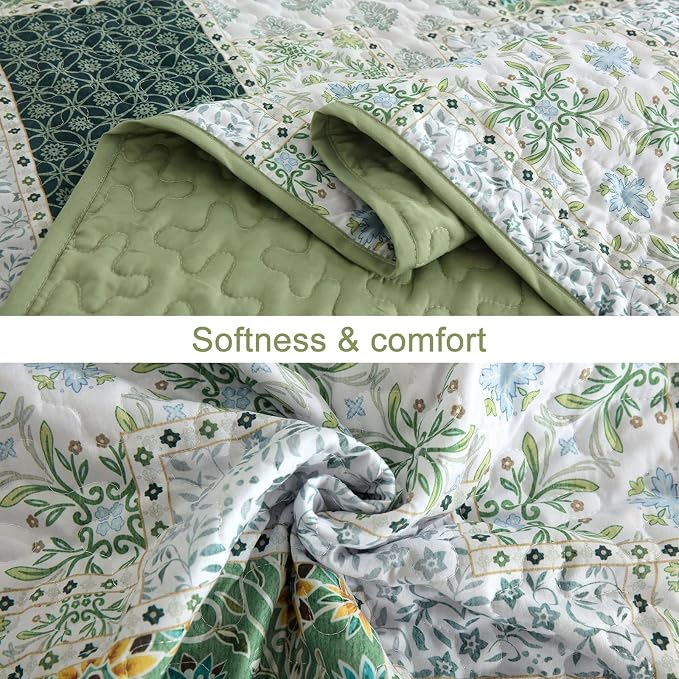 Xruibed Patchwork Quilt Set Queen Size 3 Pieces Green Floral Plaid Bedspread - Image 6