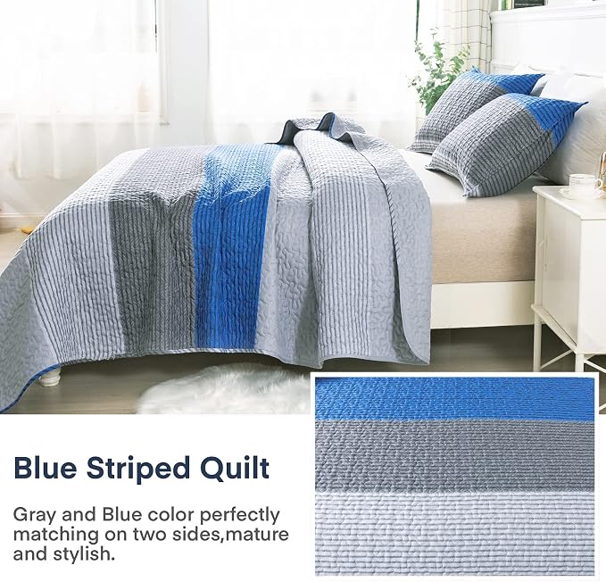 Andency Stripe Quilt Set Queen, 3 Pieces Blue and Grey Patchwork Bedspread - Image 5