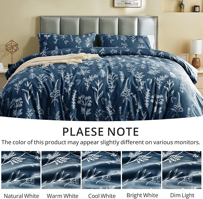 MUXHOMO Duvet Cover King Size, Reversible Floral Navy Duvet Cover Set - Image 4