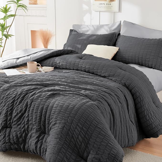 HYMOKEGE Dark Grey/Light Grey Twin XL Comforter Set Seersucker 5 Pieces by HYMOKEGE
