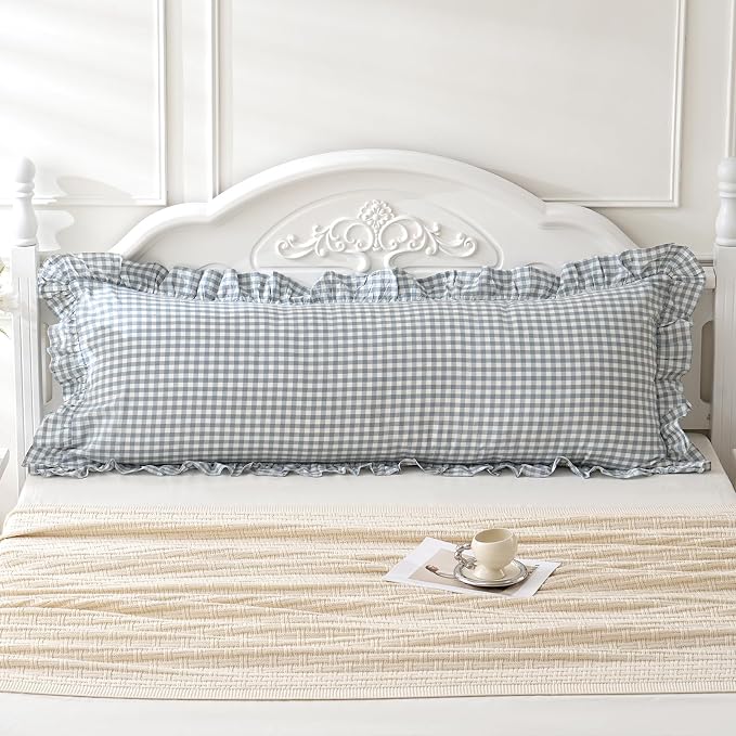 Blue White Plaid Ruffled Body Pillow Sham Washed Cotton Shabby Checkered - Image 2